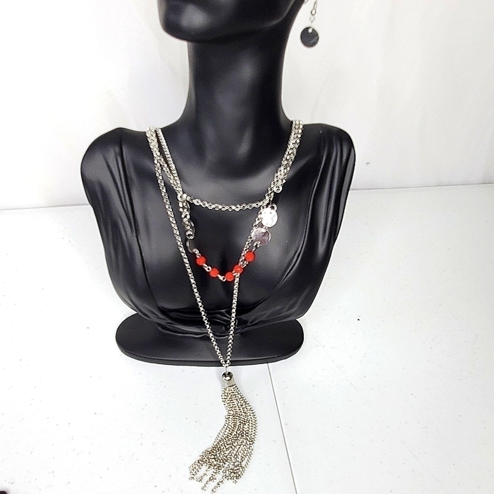 Layered Silver-tone Chain Necklace with Pink Beads and Matching Earrings